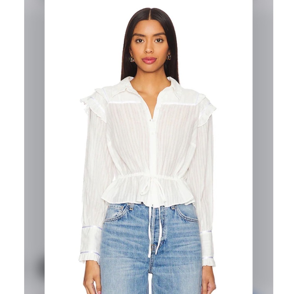 Free People White Cotton Gauze Ruffle Button Down Blouse Drawstring Peplum S